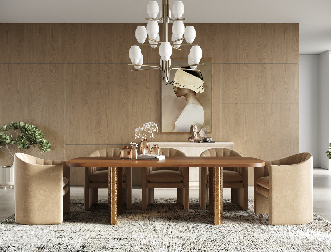 Marjorie - Modern Walnut + Brushed Gold Rectangular Dining Table