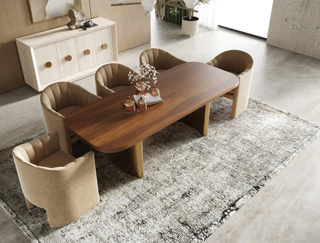 Marjorie  Modern Walnut + Brushed Gold Rectangular Dining Table