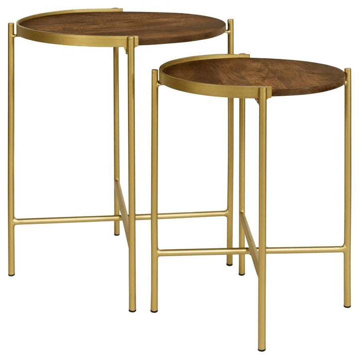 Malka - 2 Piece Round Wood Nesting Table - Dark Brown And Gold Nesting Table modern furniture Contempo Furniture