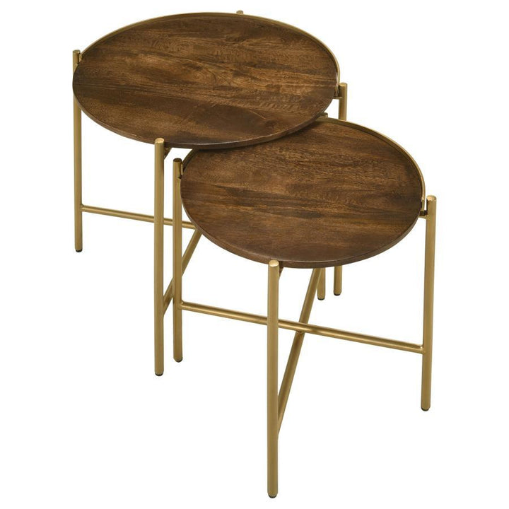 Malka - 2 Piece Round Wood Nesting Table - Dark Brown And Gold Nesting Table modern furniture Contempo Furniture