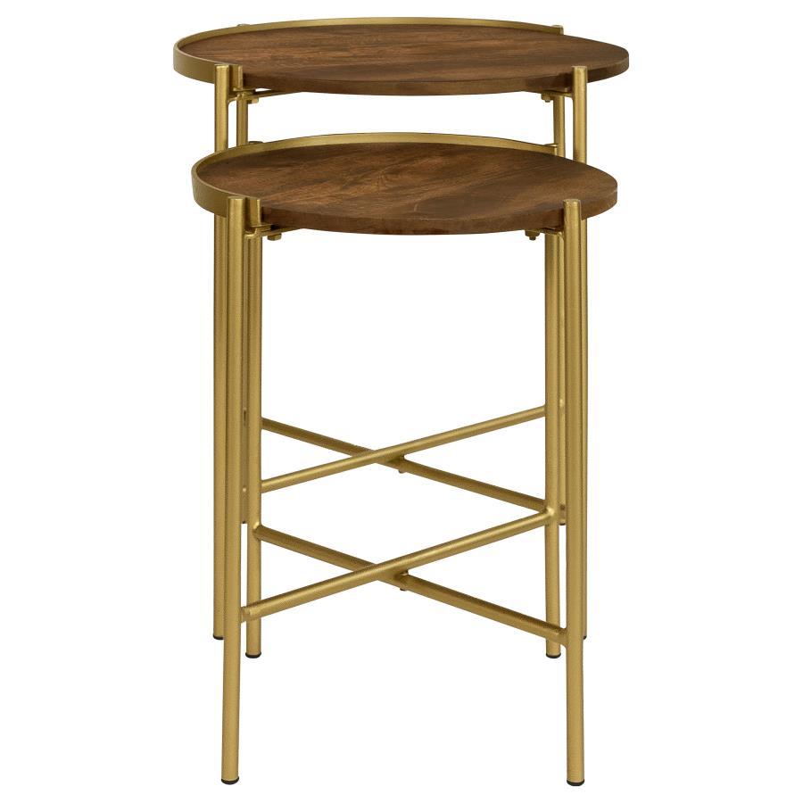 Malka - 2 Piece Round Wood Nesting Table - Dark Brown And Gold Nesting Table modern furniture Contempo Furniture