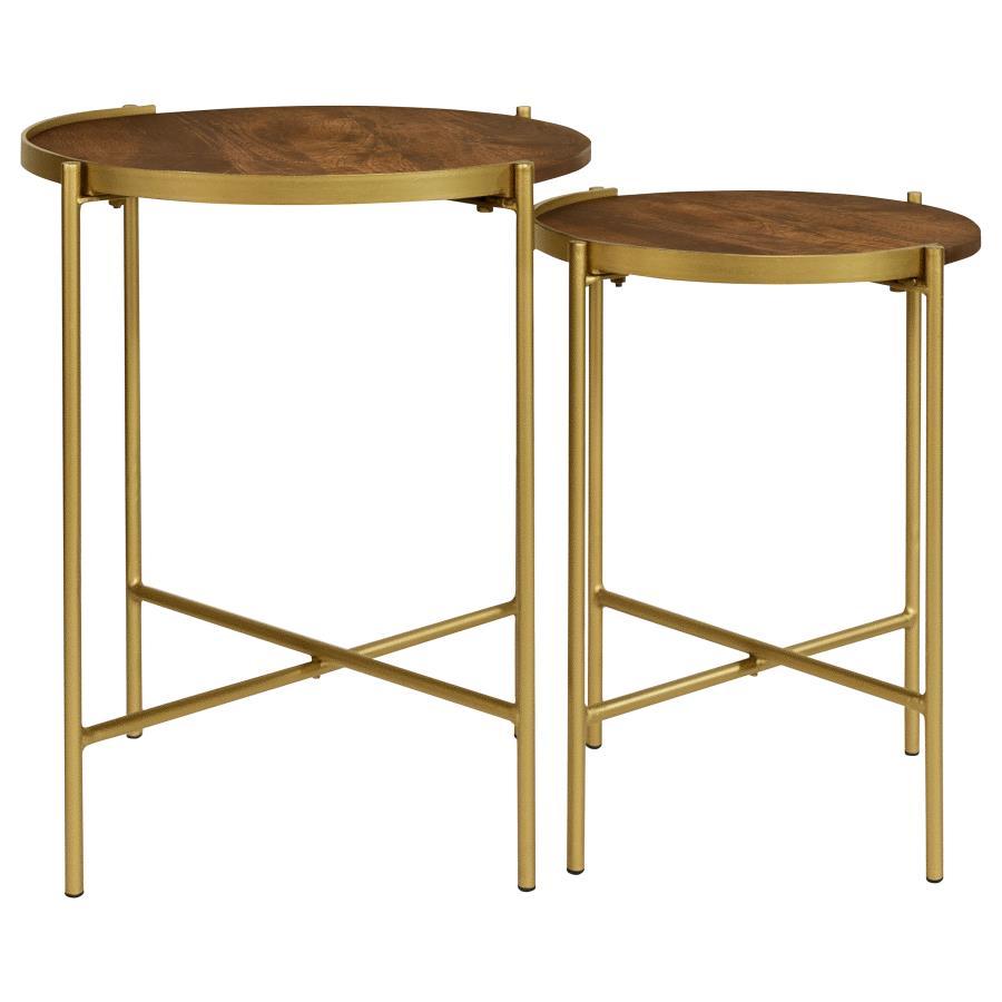 Malka - 2 Piece Round Wood Nesting Table - Dark Brown And Gold Nesting Table modern furniture Contempo Furniture