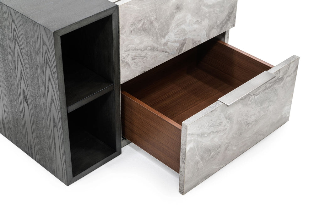 Maranello - Modern Grey Wash & Faux Marble Nightstand - View 3
