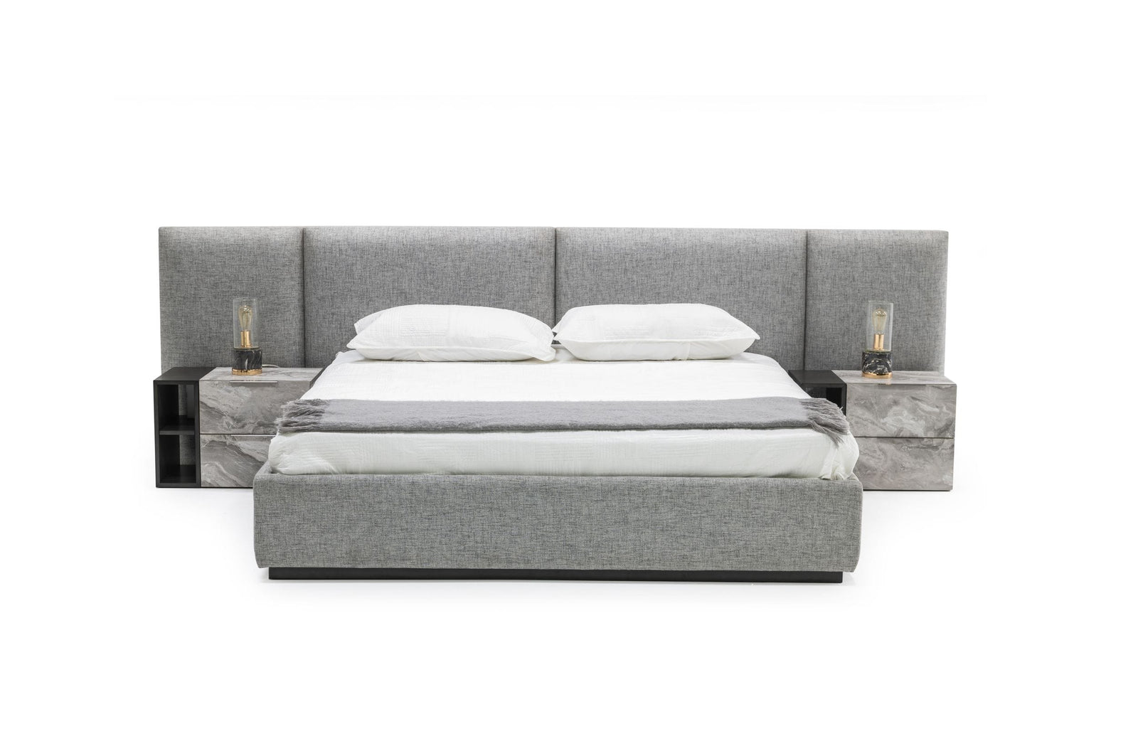 Eastern King Nova Domus Maranello - Modern Grey Fabric Bed with Two Nightstands