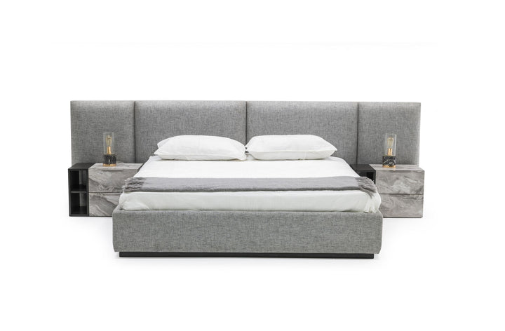 Queen Maranello - Modern Grey Fabric Bed w/ Two Nightstands