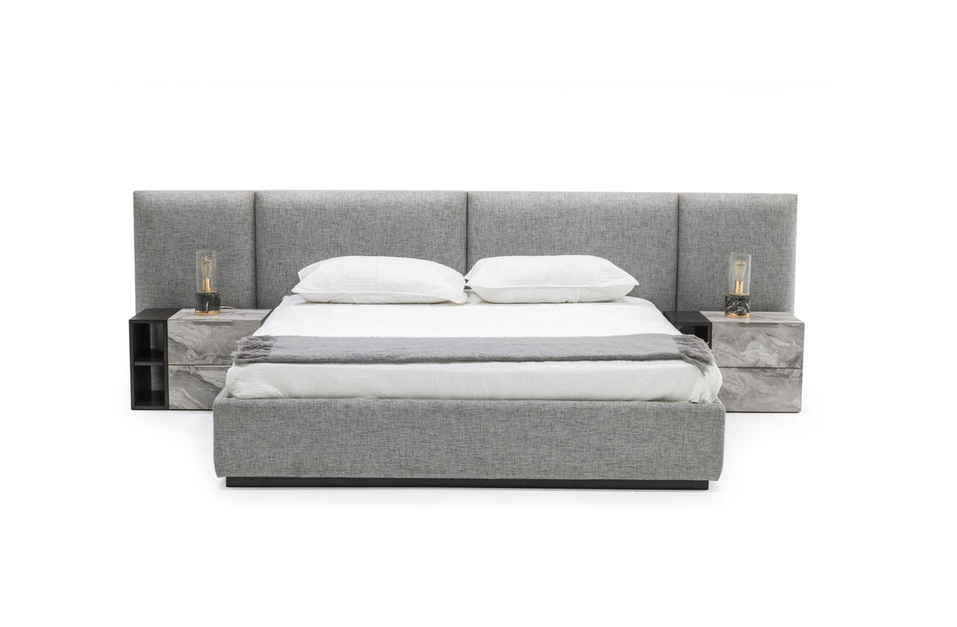 Queen Maranello - Modern Grey Fabric Bed w/ Two Nightstands