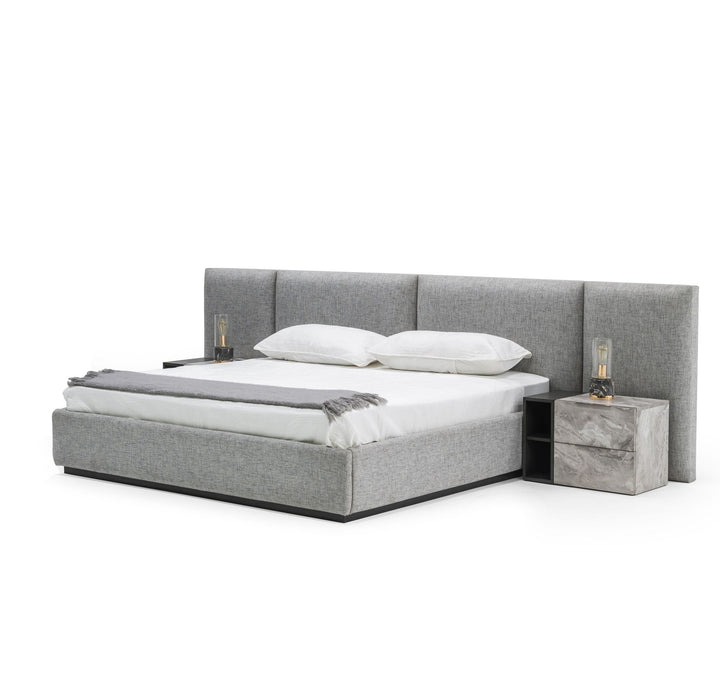 Queen Maranello - Modern Grey Fabric Bed w/ Two Nightstands