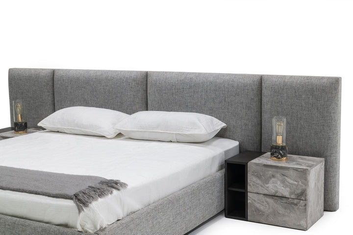 Queen Maranello - Modern Grey Fabric Bed w/ Two Nightstands