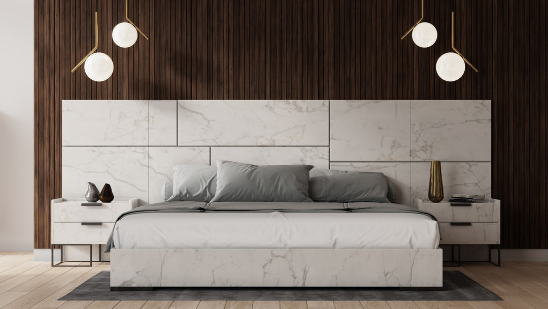 Marbella - Italian Modern White Marble Bed with 2 Nightstands