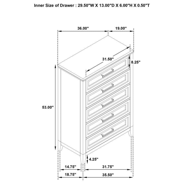 Marielle - 5 - Drawer Bedroom Chest - Distressed White Accent Chest modern furniture Contempo Furniture