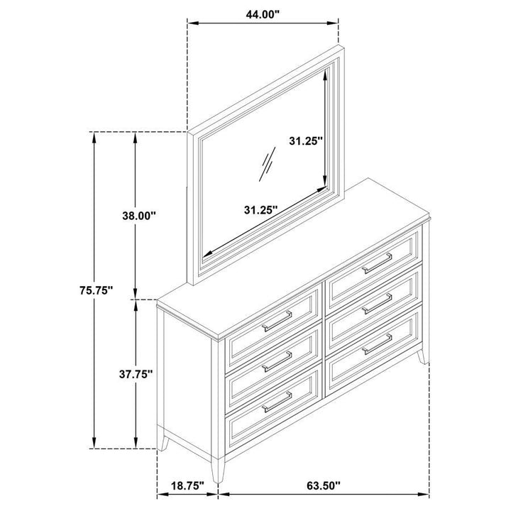 Marielle - 6 - Drawer Dresser With Mirror - Distressed White Dresser &amp; Mirror modern furniture Contempo Furniture