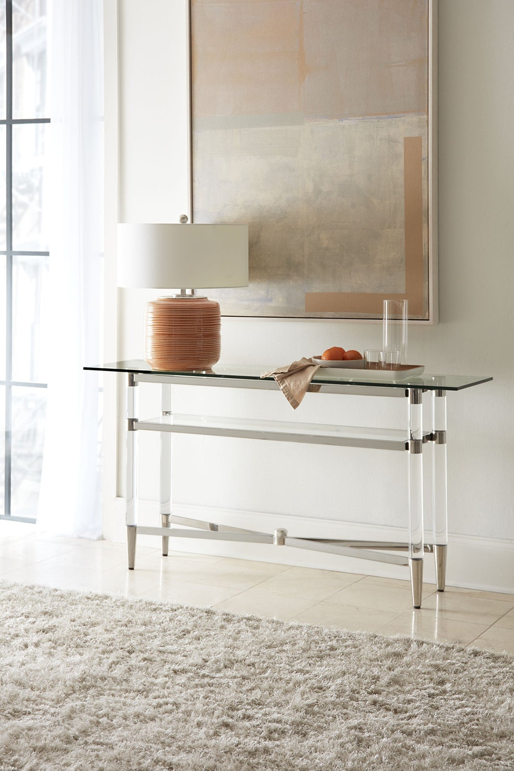 Marilyn Glass Top Dining Server in Polished Stainless Steel and Clear Acrylic Sideboard modern furniture Contempo Furniture