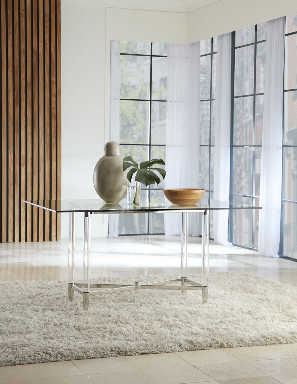 Marilyn Glass Top Dining Table in Polished Stainless Steel and Clear Acrylic Table modern furniture Contempo Furniture