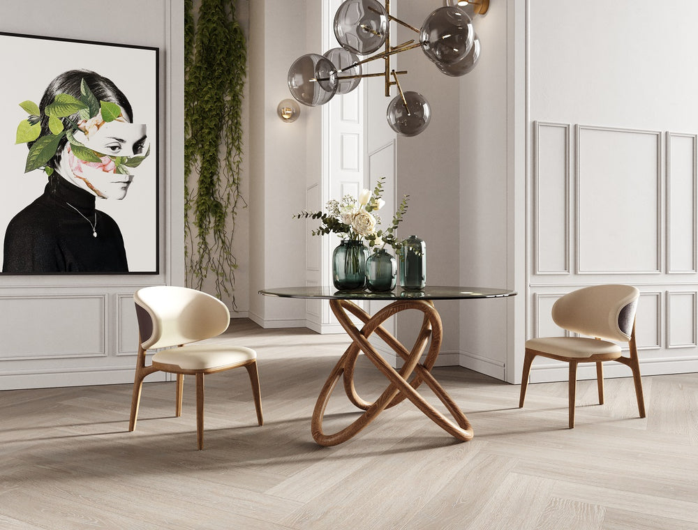 Mason Modern Round Glass & Walnut Dining Table - View 2