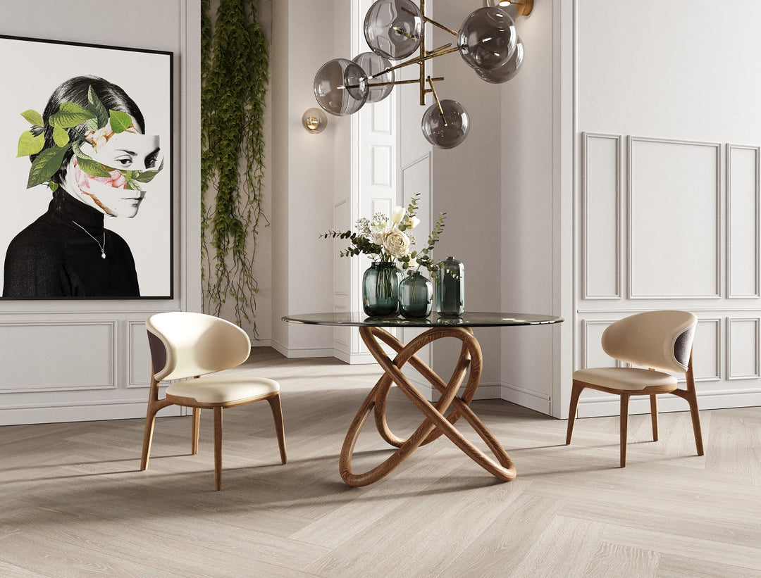 Mason Modern Round Glass & Walnut Dining Table
