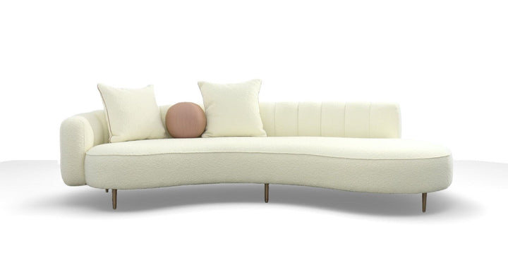 White curved sofa with decorative cushions on a white background