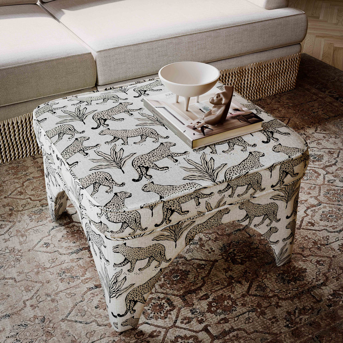 Raji Leopard Performance Jacquard Ottoman - Taupe