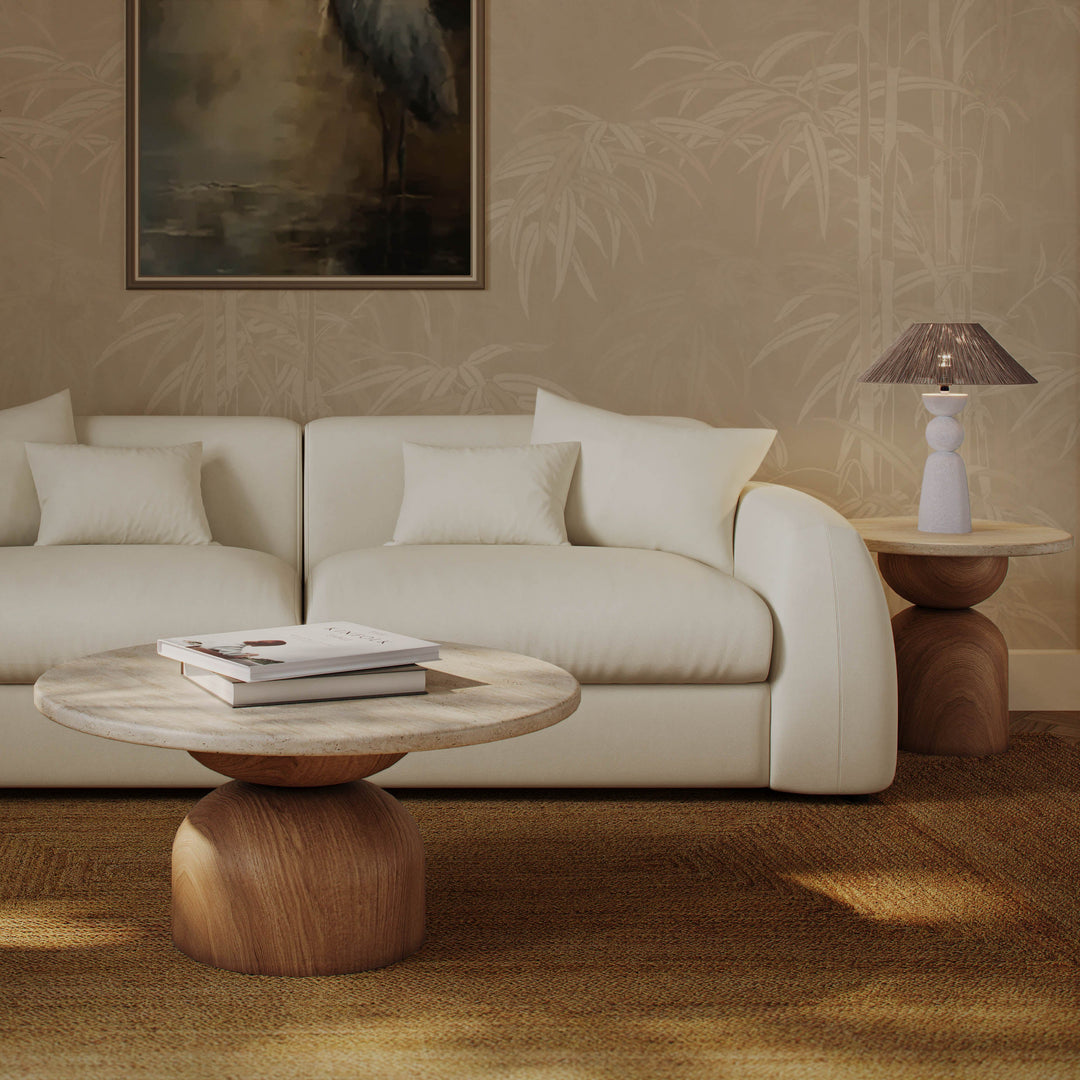 Cynthia 36" Travertine & Walnut Concrete Indoor/Outdoor Coffee Table