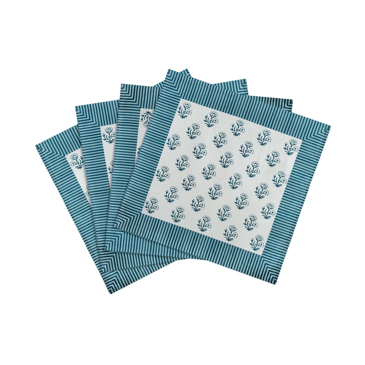 Crissy Blue Vintage Floral Cotton Canvas Printed Napkins - Set of 4