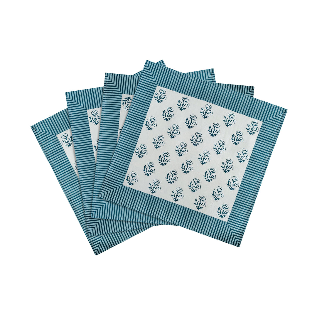 Crissy Blue Vintage Floral Cotton Canvas Printed Napkins - Set of 4