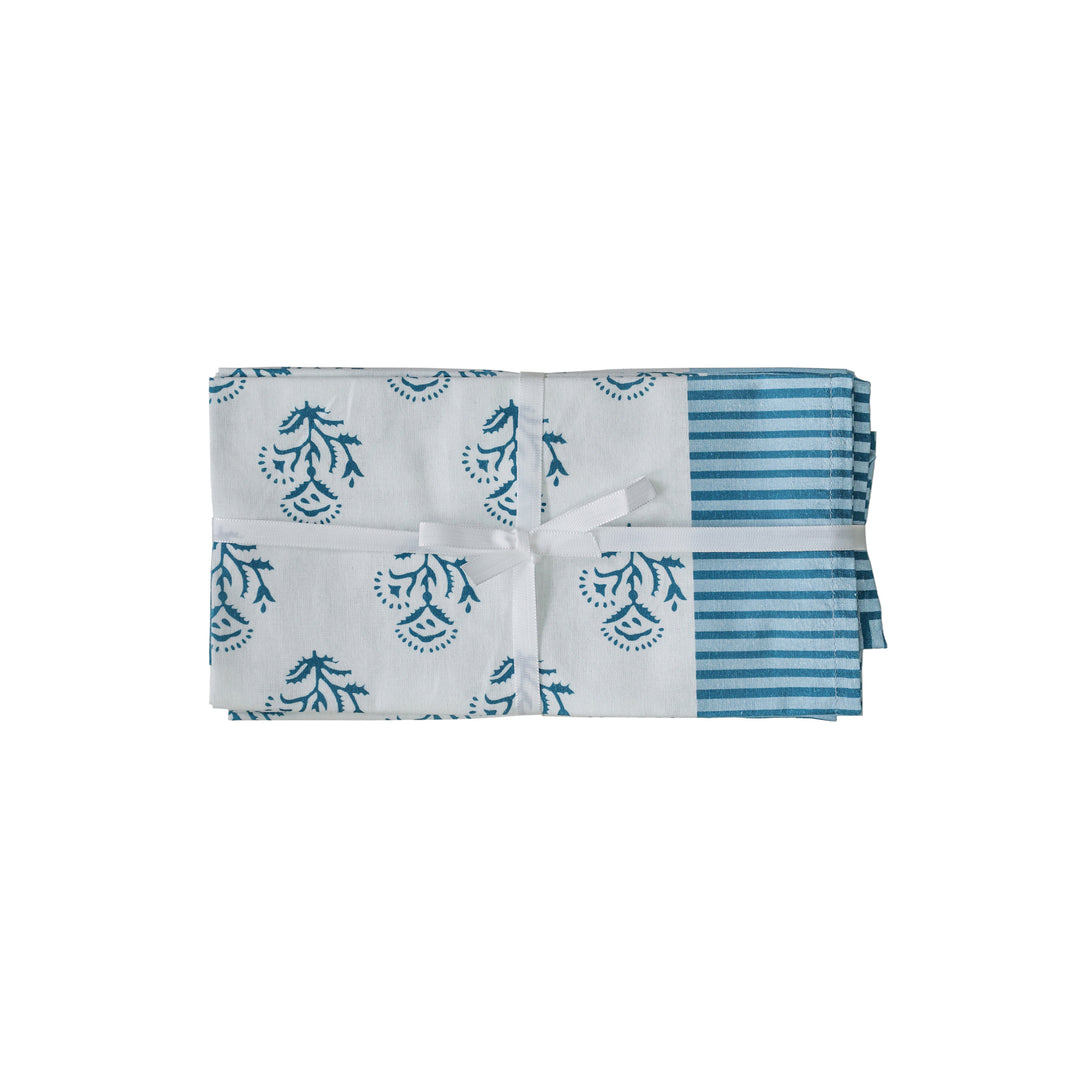 Crissy Blue Vintage Floral Cotton Canvas Printed Napkins - Set of 4