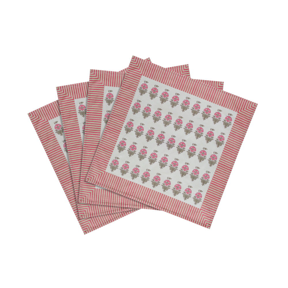 Crissy Pink Vintage Floral Cotton Canvas Printed Napkins - Set of 4
