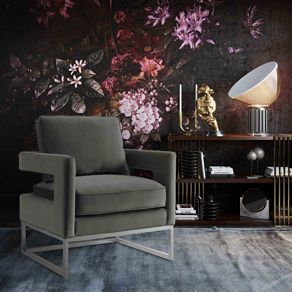 Avery Grey Performance Velvet Accent Chair with Silver Base