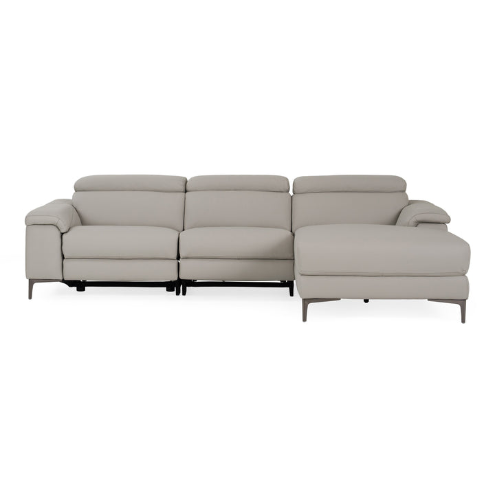 Meidas - Modern Light Grey Leather Sectional Sofa + 2 Recliners - Right Facing Chaise