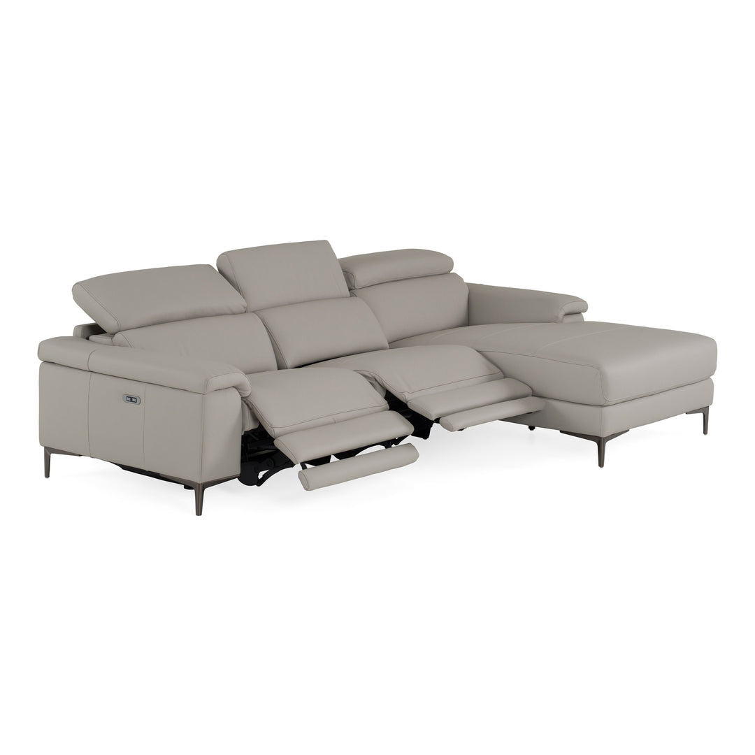 Meidas - Modern Light Grey Leather Sectional Sofa + 2 Recliners - Right Facing Chaise