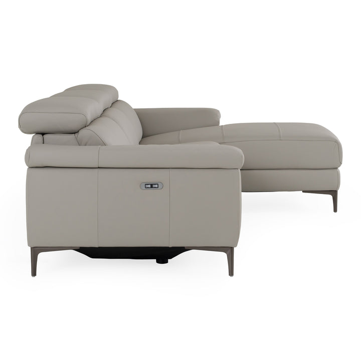 Meidas - Modern Light Grey Leather Sectional Sofa + 2 Recliners - Right Facing Chaise