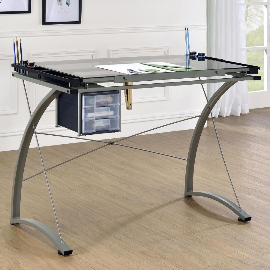 Melo - Glass Top Drafting Table With Storage - Silver Writing Desk modern furniture Contempo Furniture