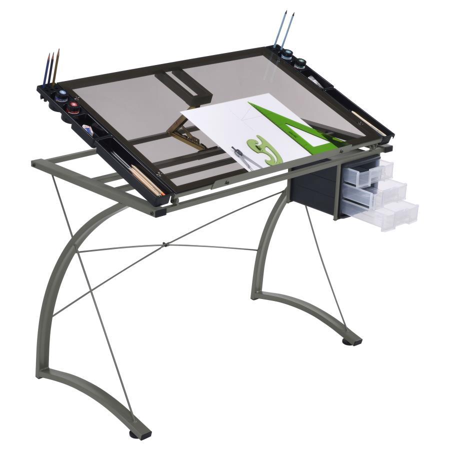Melo - Glass Top Drafting Table With Storage - Silver Writing Desk modern furniture Contempo Furniture