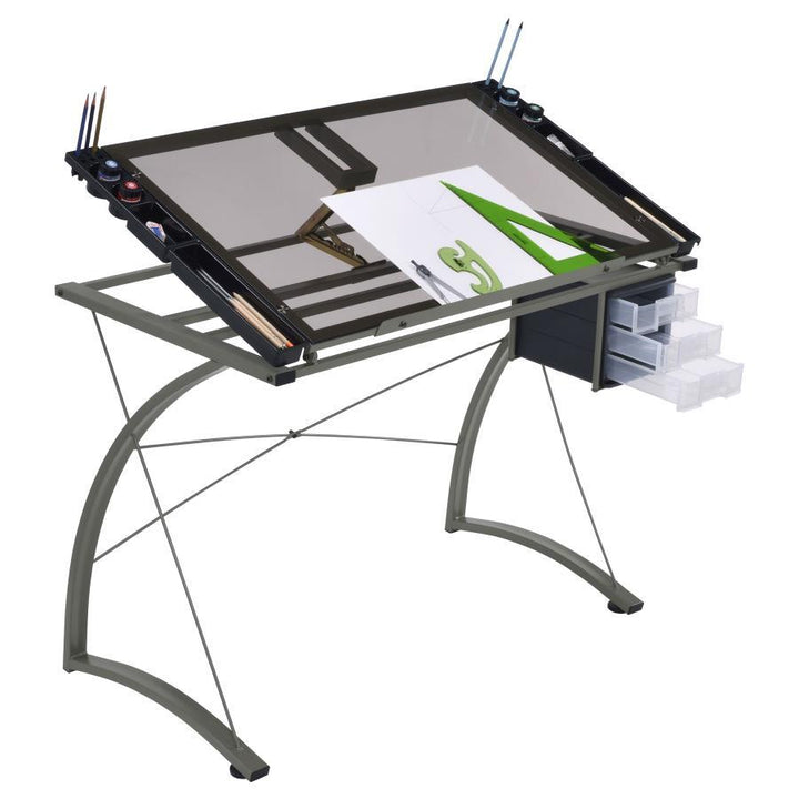 Melo - Glass Top Drafting Table With Storage - Silver Writing Desk modern furniture Contempo Furniture