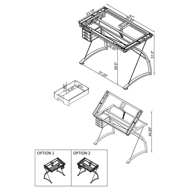 Melo - Glass Top Drafting Table With Storage - Silver Writing Desk modern furniture Contempo Furniture