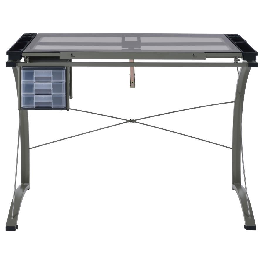 Melo - Glass Top Drafting Table With Storage - Silver Writing Desk modern furniture Contempo Furniture
