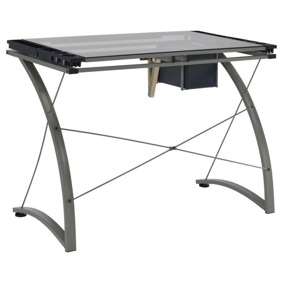 Melo - Glass Top Drafting Table With Storage - Silver Writing Desk modern furniture Contempo Furniture