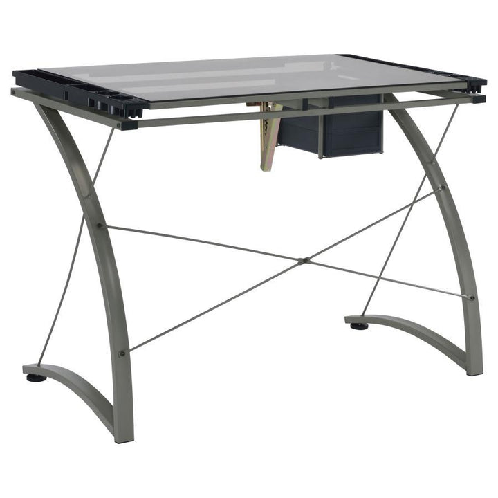 Melo - Glass Top Drafting Table With Storage - Silver Writing Desk modern furniture Contempo Furniture