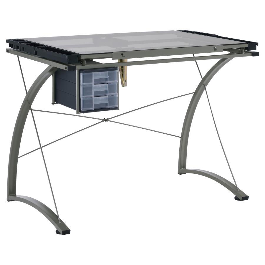 Melo - Glass Top Drafting Table With Storage - Silver Writing Desk modern furniture Contempo Furniture