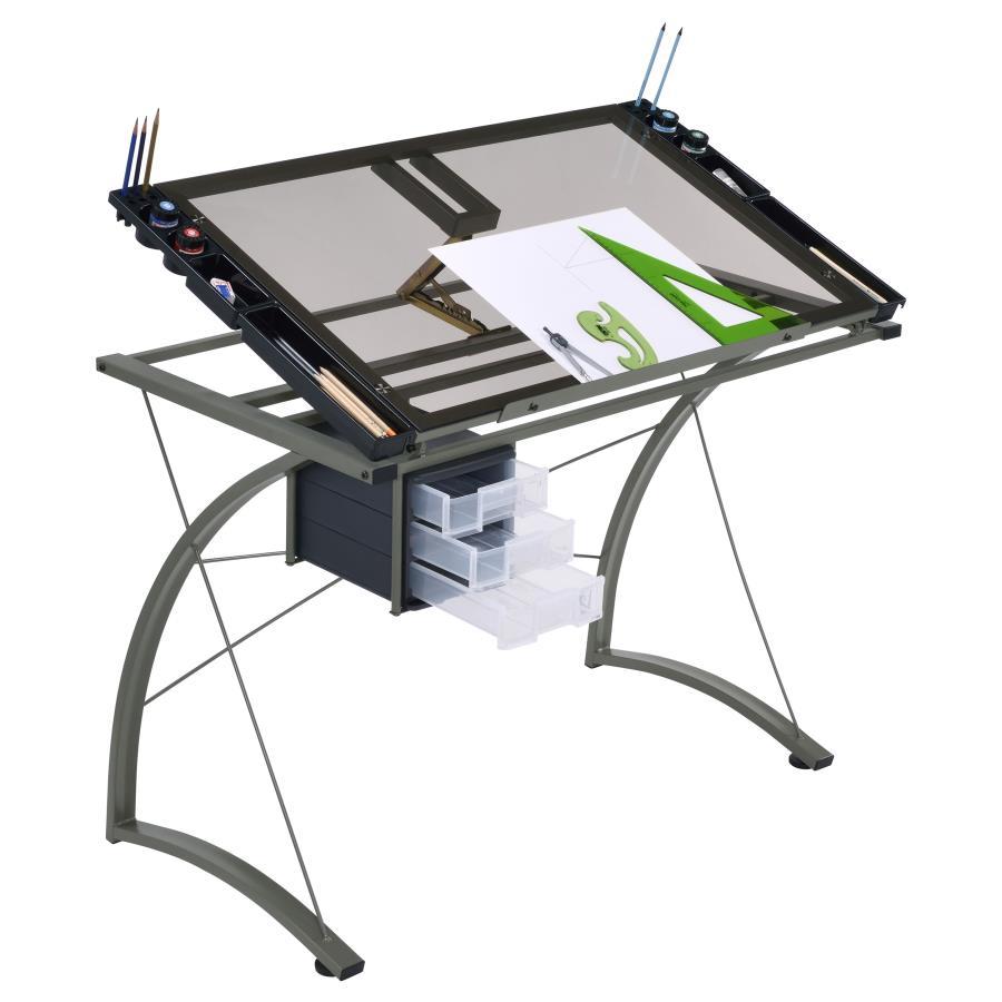 Melo - Glass Top Drafting Table With Storage - Silver Writing Desk modern furniture Contempo Furniture