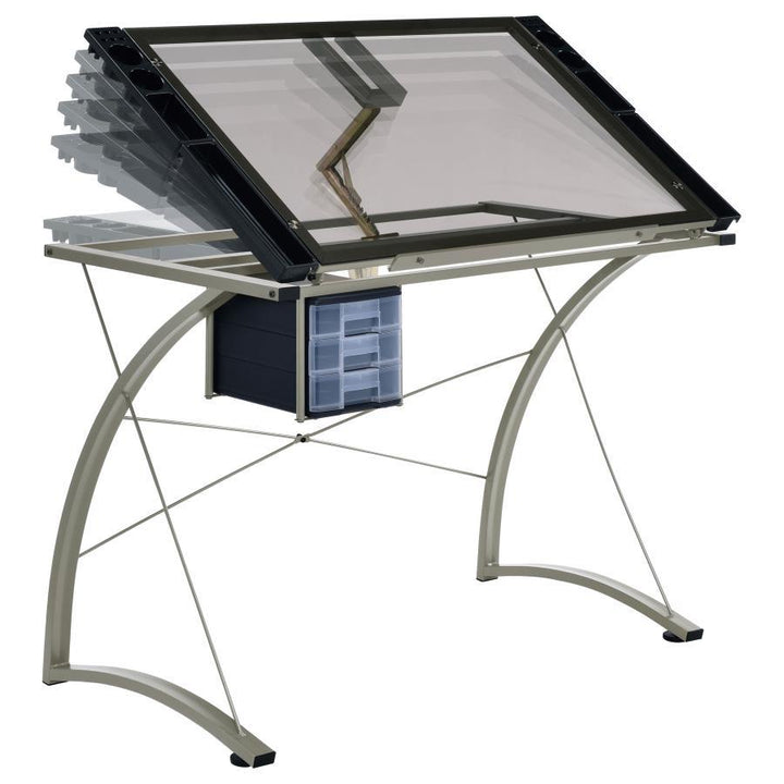 Melo - Glass Top Drafting Table With Storage - Silver Writing Desk modern furniture Contempo Furniture