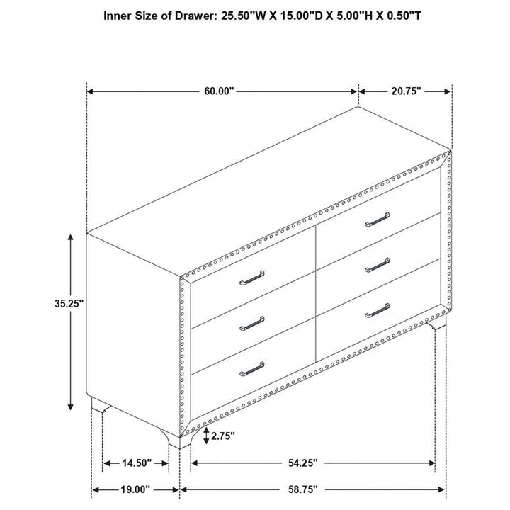 Melody - 6 - Drawer Upholstered Dresser - Gray Dressers modern furniture Contempo Furniture