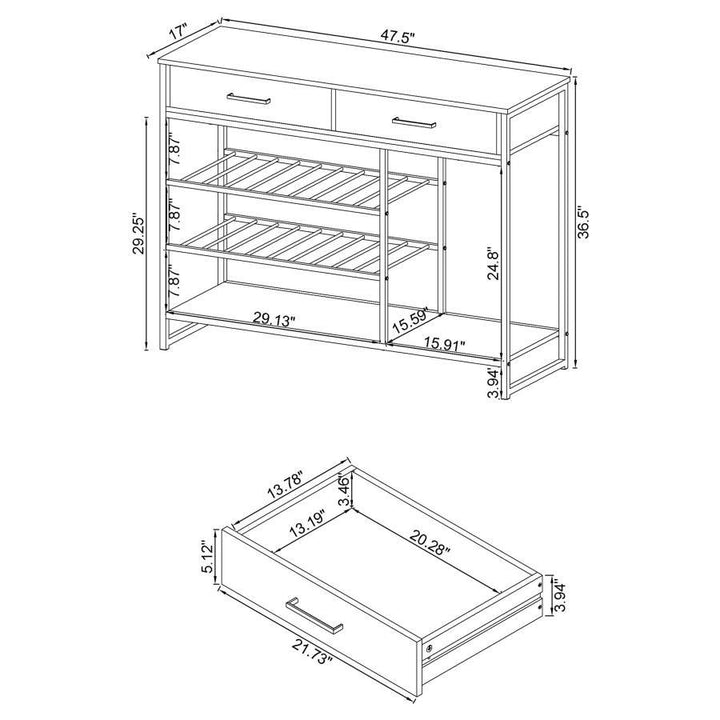 Melrose - 2 - Drawer Home Bar Storage With Wine Rack Gray - Gray Wine Cabinet modern furniture Contempo Furniture