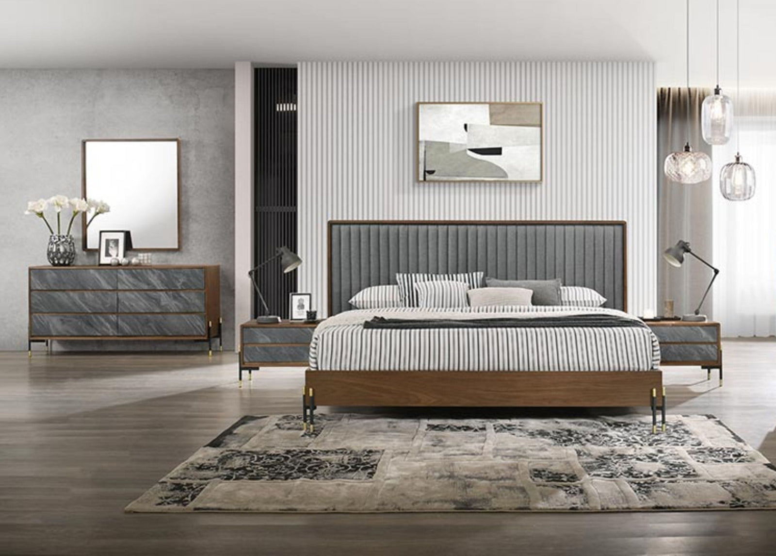 Metcalf - Eastern King Mid-Century Walnut  and  Grey Bedroom Set