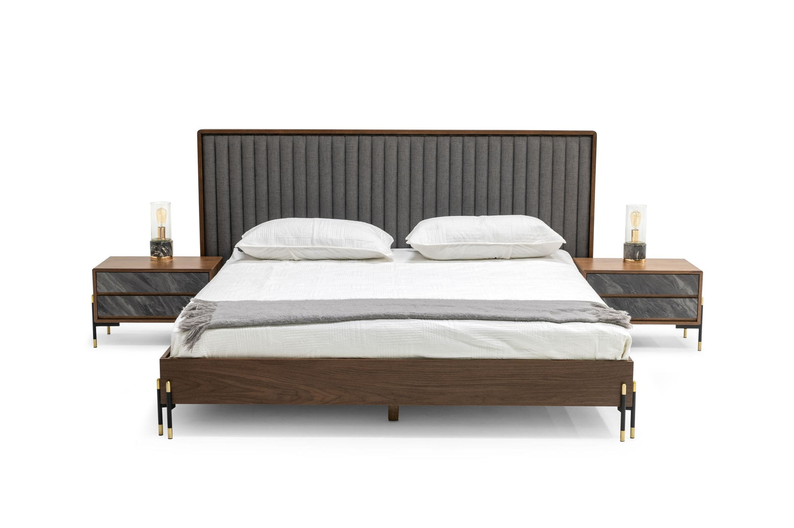 Eastern King Nova Domus Metcalf - Mid-Century Walnut  and  Grey Bed with Two Nightstands