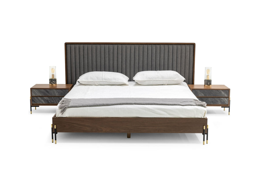 Eastern King Nova Domus Metcalf - Mid-Century Walnut  and  Grey Bed with Two Nightstands
