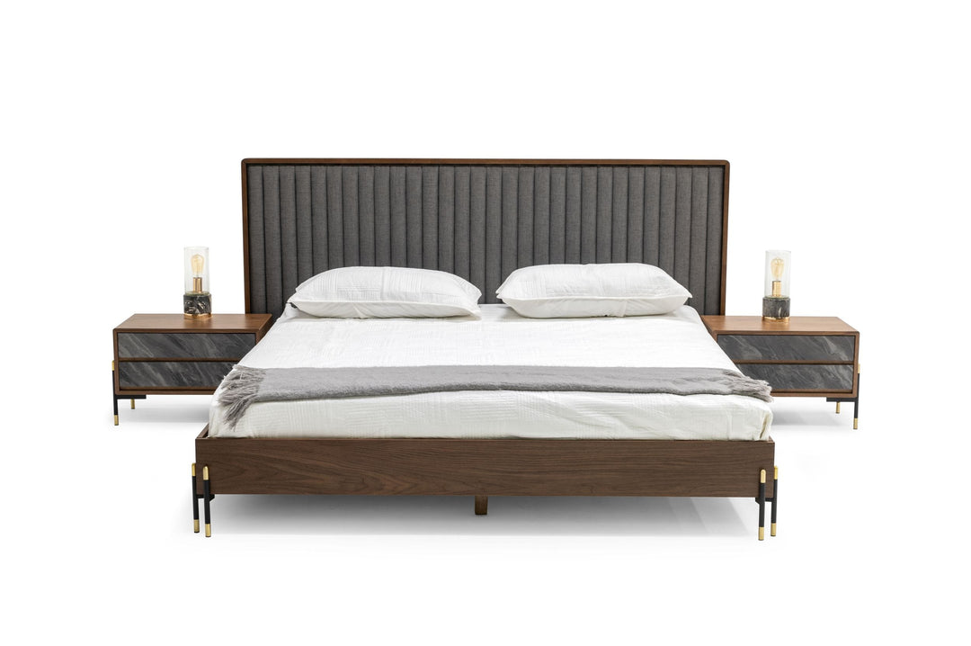 Queen Nova Domus Metcalf - Mid-Century Walnut & Grey Bed w/ Two Nightstands
