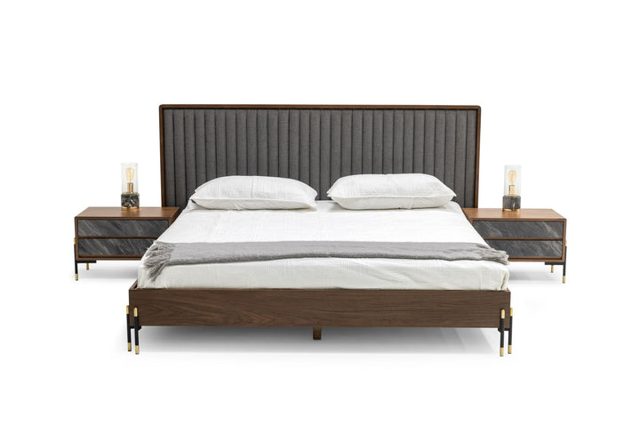 Eastern King Nova Domus Metcalf - Mid-Century Walnut &amp; Grey Bed w/ Two Nightstands