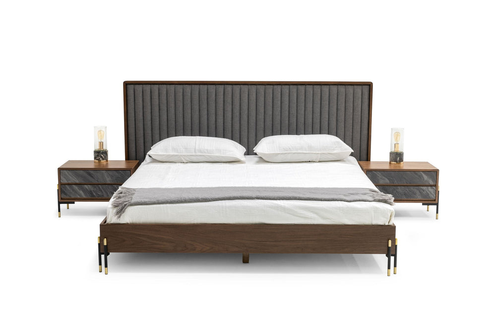 Eastern King Nova Domus Metcalf - Mid-Century Walnut & Grey Bed w/ Two Nightstands