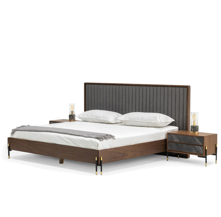 Queen Nova Domus Metcalf - Mid-Century Walnut  and  Grey Bed with Two Nightstands