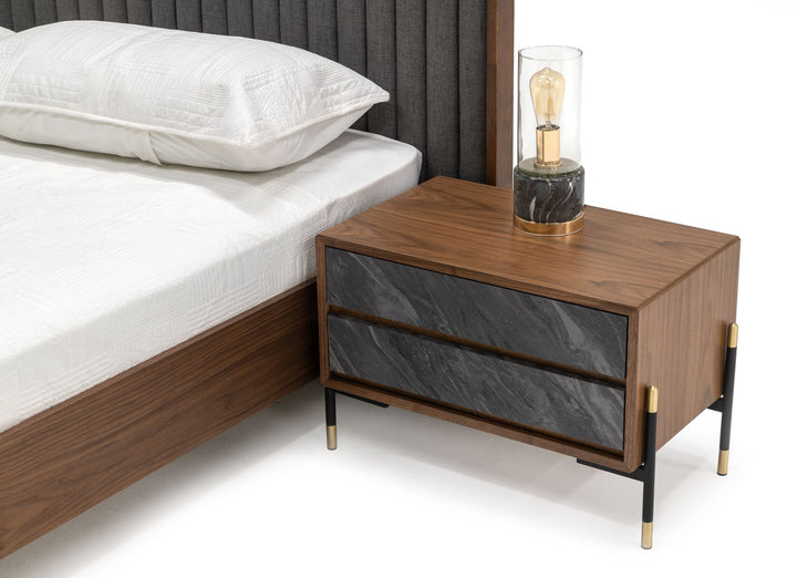 Metcalf - Mid-Century Walnut &amp; Grey Bed w/ Two Nightstands